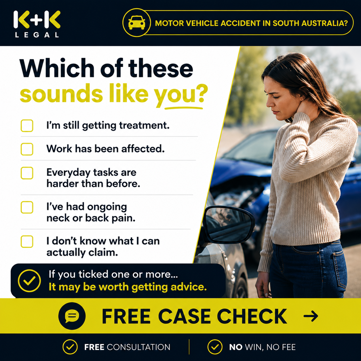 K + K Legal Facebook ad: Free Claim Check, No Win, No Fee