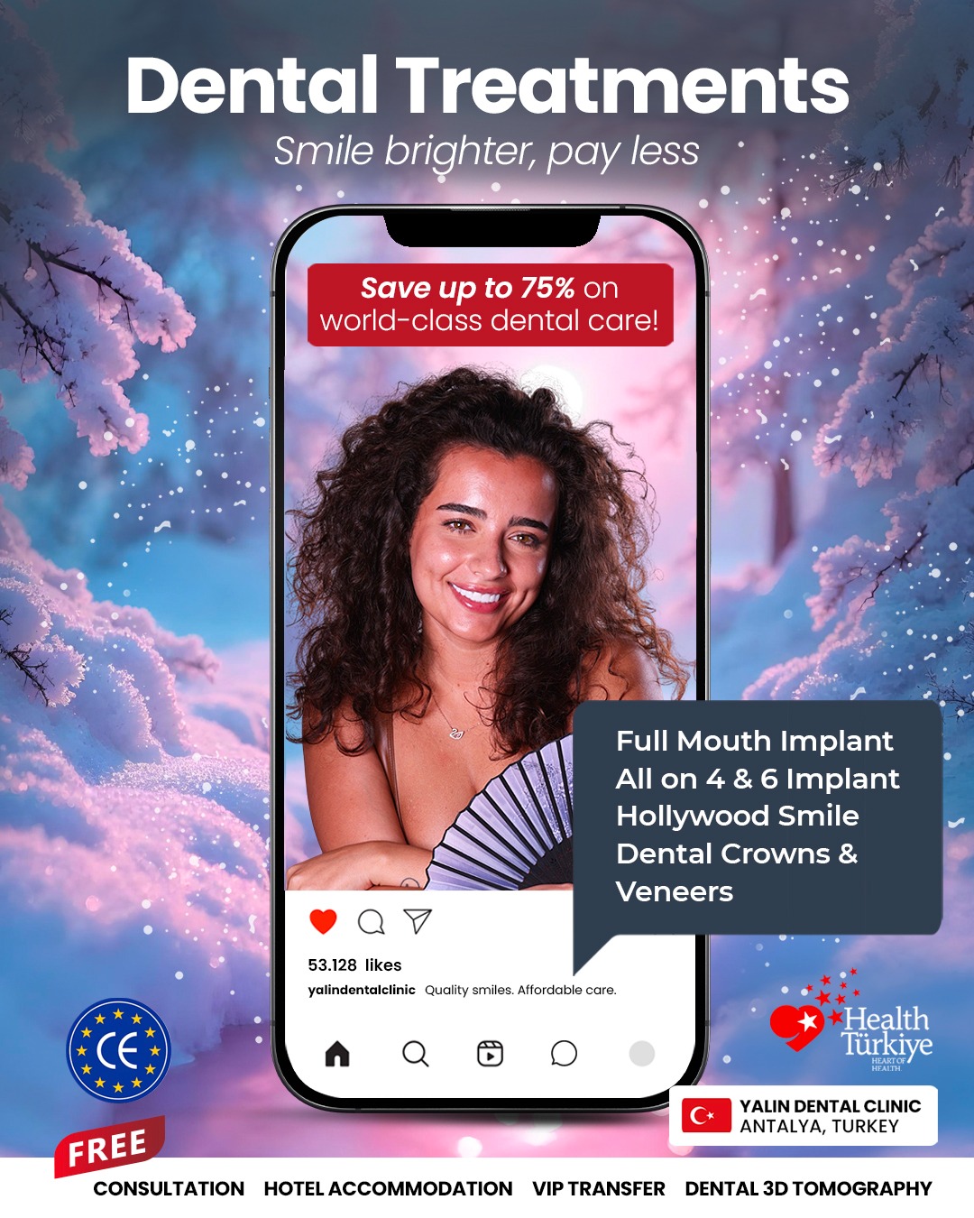 YALIN Dental Clinic Facebook ad: Smile brighter, pay less, dental excellence in Antalya!