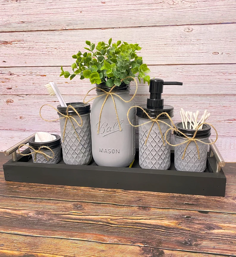 Amanda Day Facebook ad: Farmhouse Bathroom Decor Set: Mason Jar Organizers