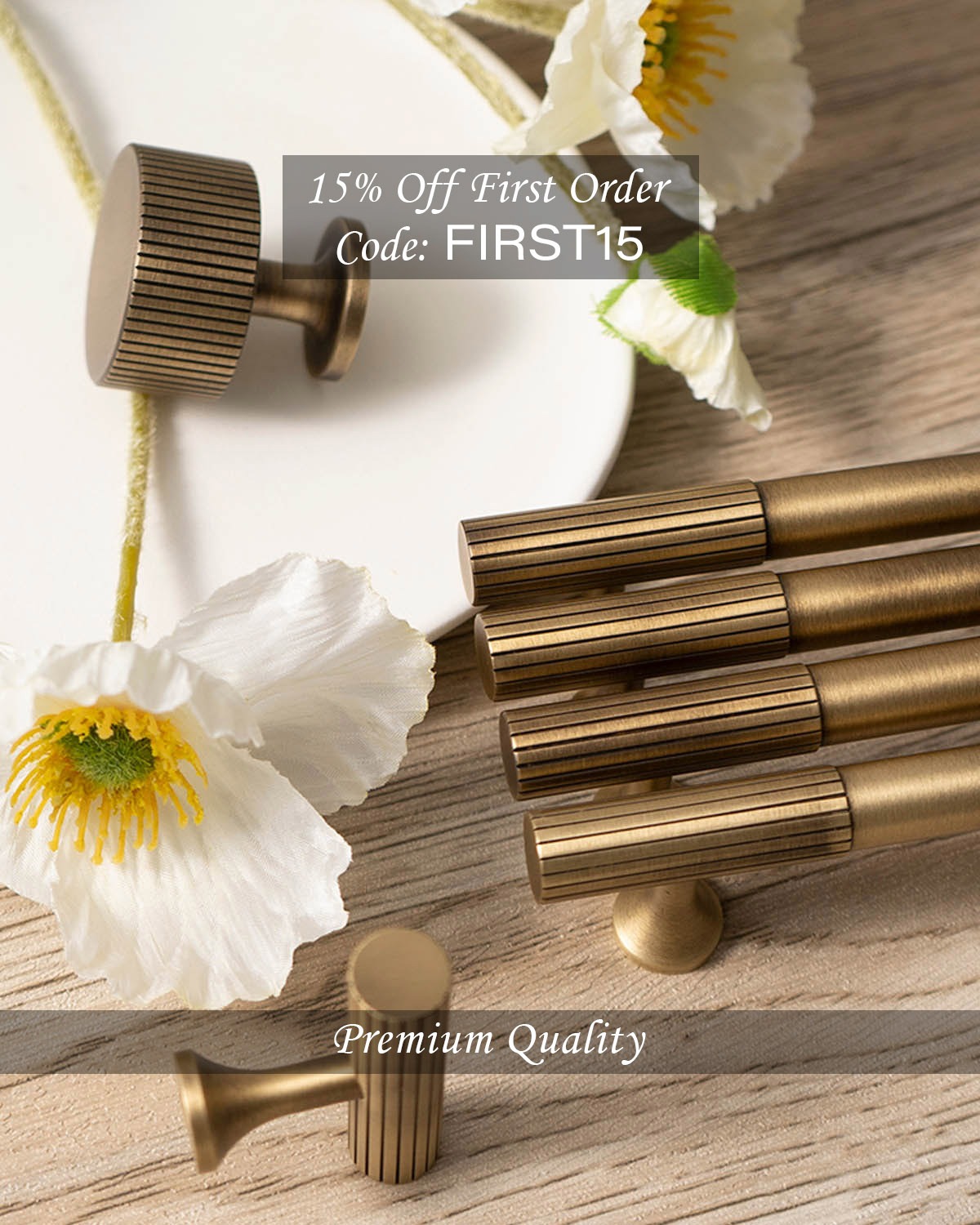 Luxury Handles Facebook ad: premium quality solid brass luxury kitchen handles, cabinet…