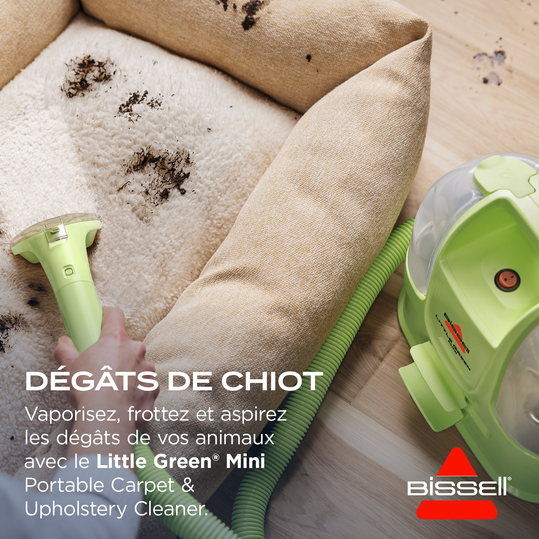 BISSELL Canada Facebook ad: Vaporisez. Frottez. Aspirez.