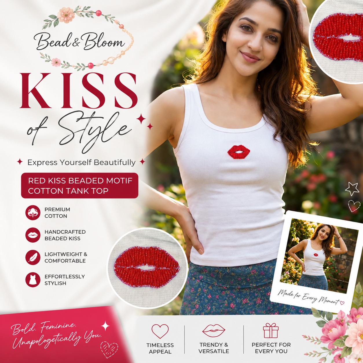 Bead & Bloom Facebook ad: Red Kiss Beaded Motif Cotton Tank Top For Women