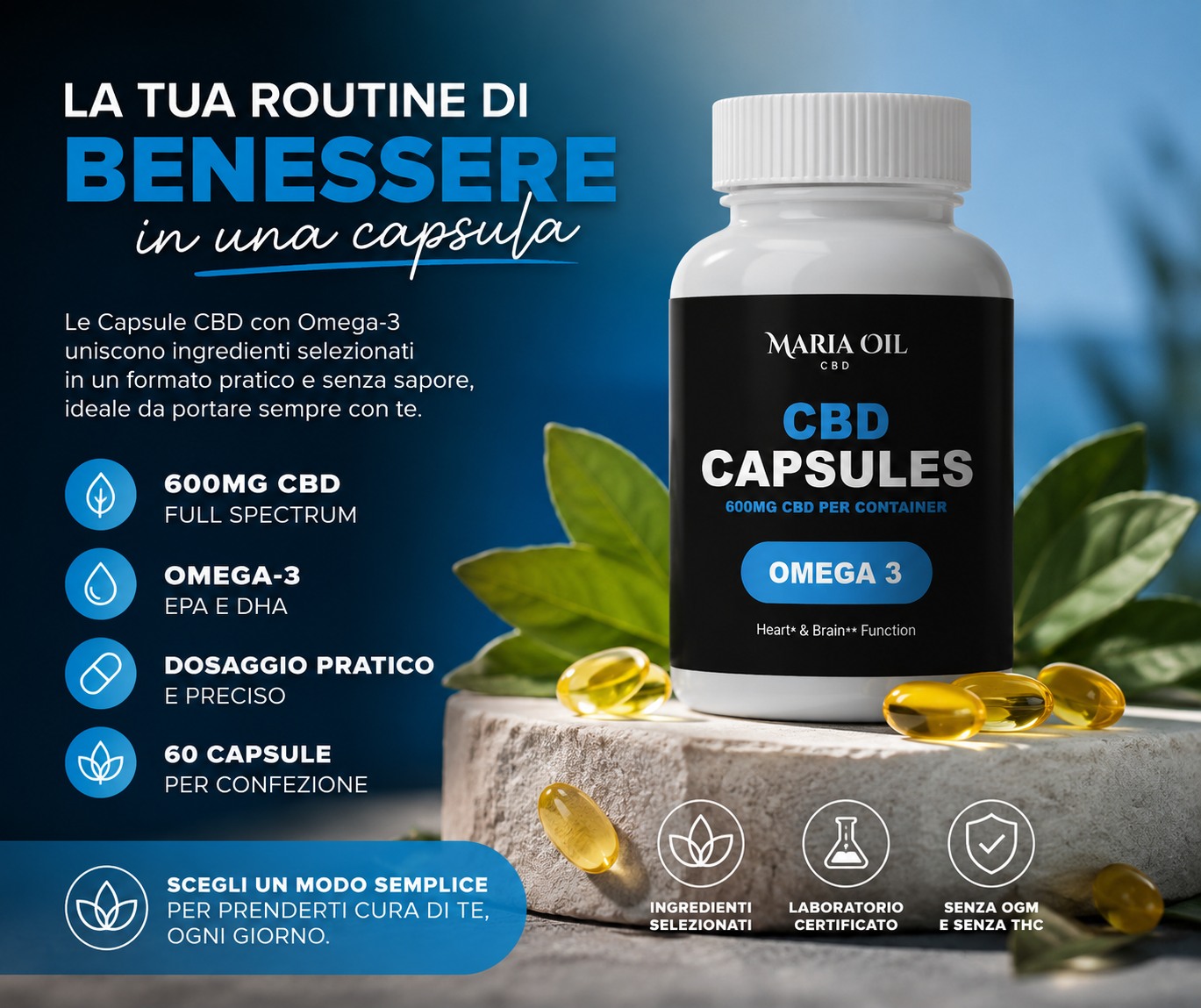 Maria oil cbd Facebook ad: Capsule CBD 600 mg con Omega 3: benessere corpo-mente