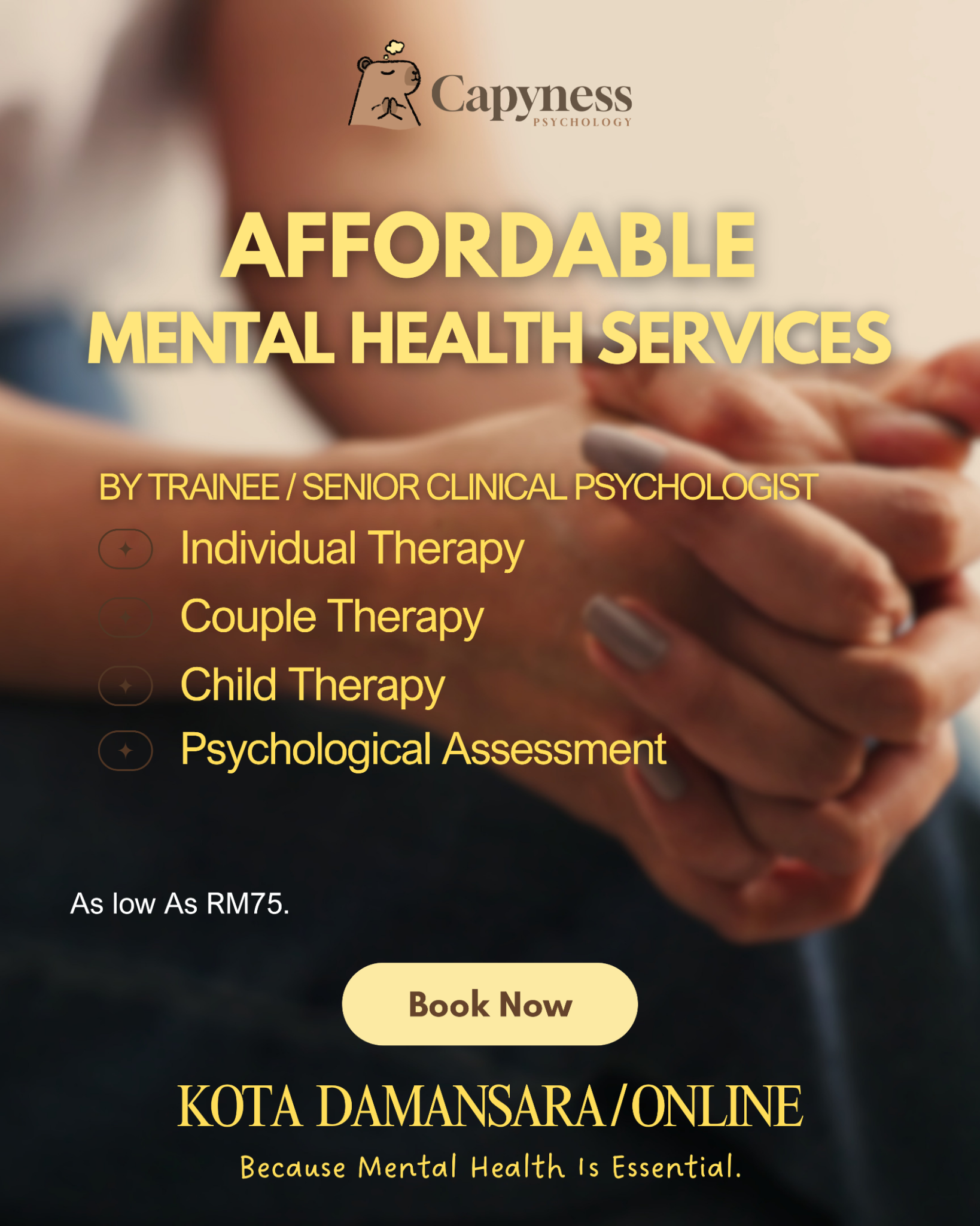 Capyness Psychology Facebook ad: Affordable therapy shouldn’t be out of reach.