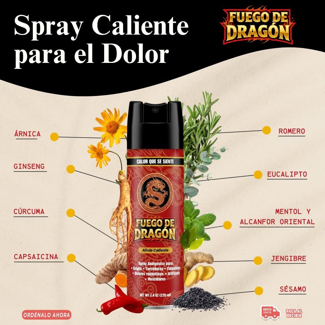 Calor que cura Facebook ad: FUEGO DE DRAGÓN, Spray Caliente para el Dolor.