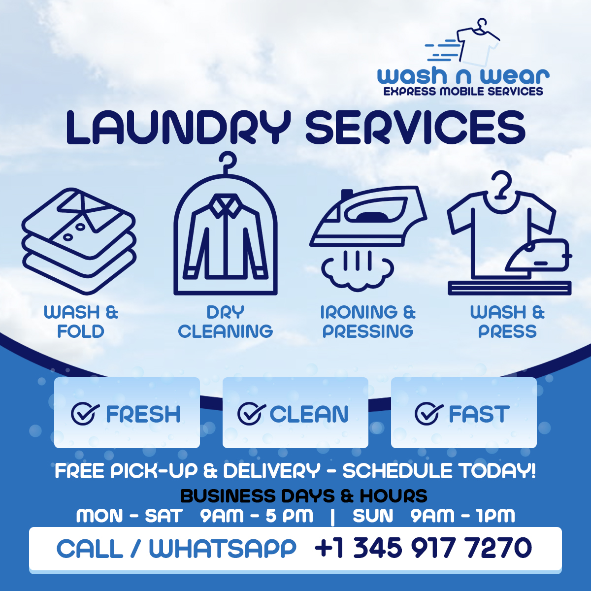 Wash N Wear Express Mobile Services Facebook ad: QUICK. CLEAN. FRESH.