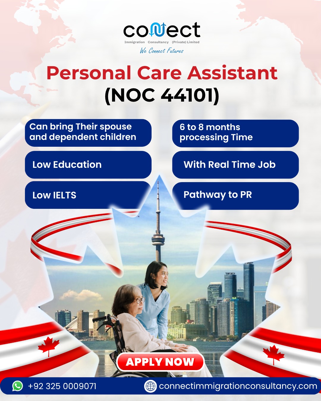 Connect Immigration Consultancy Facebook ad: Canada Is Hiring Care Workers, Apply Now!