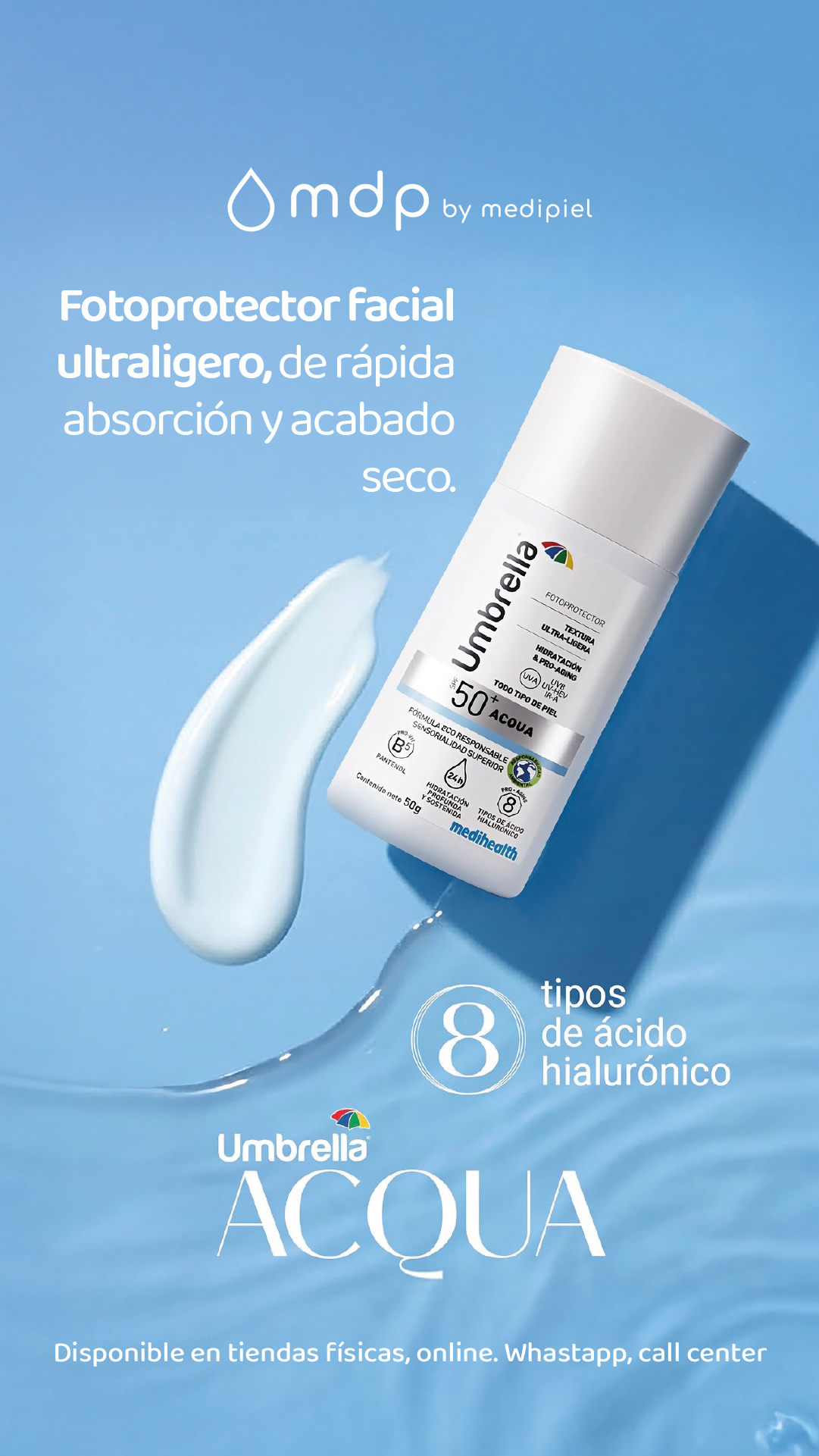 Medipiel Facebook ad: Protección ligera e hidratante con Umbrella Acqua.