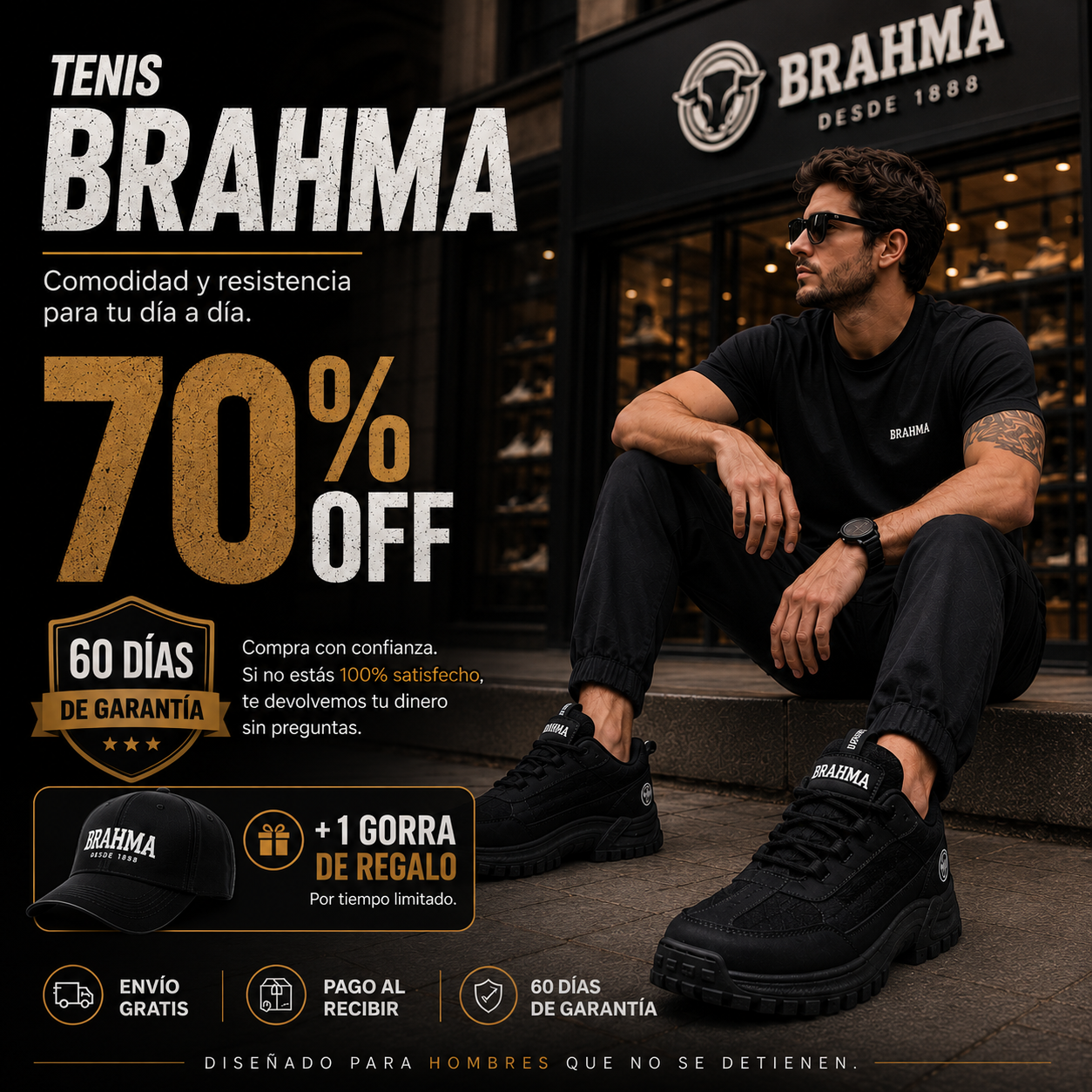 Sara Thompson Facebook ad: Zapatos Brahma + Gorra Gratis, Paga al Recibir