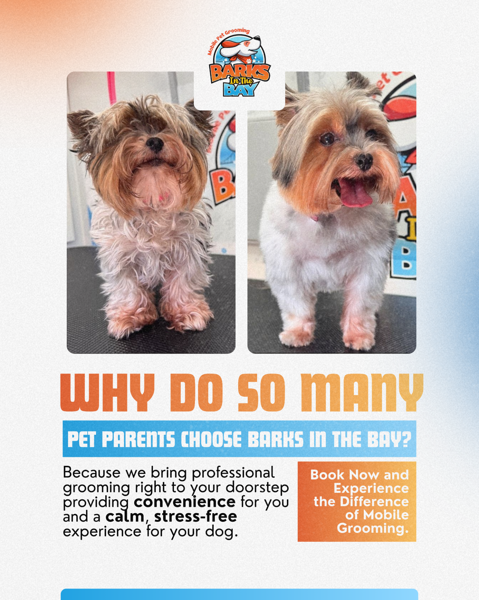 Barks in the Bay Mobile Pet Grooming Facebook ad: Stress-Free Grooming At Your Door