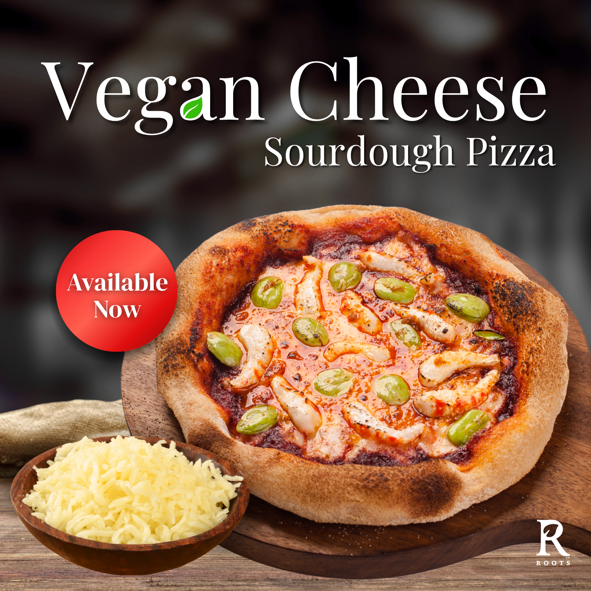 Roots Bistro Malaysia Facebook ad: Vegan Cheese Pizza on your way!