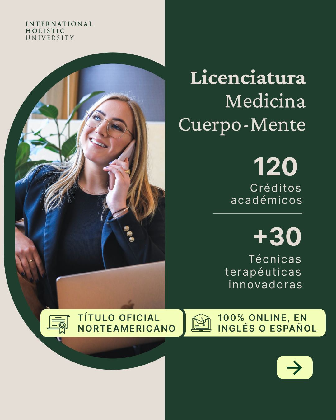 International Holistic University Facebook ad: Formación que integra cuerpo, mente y emoción.