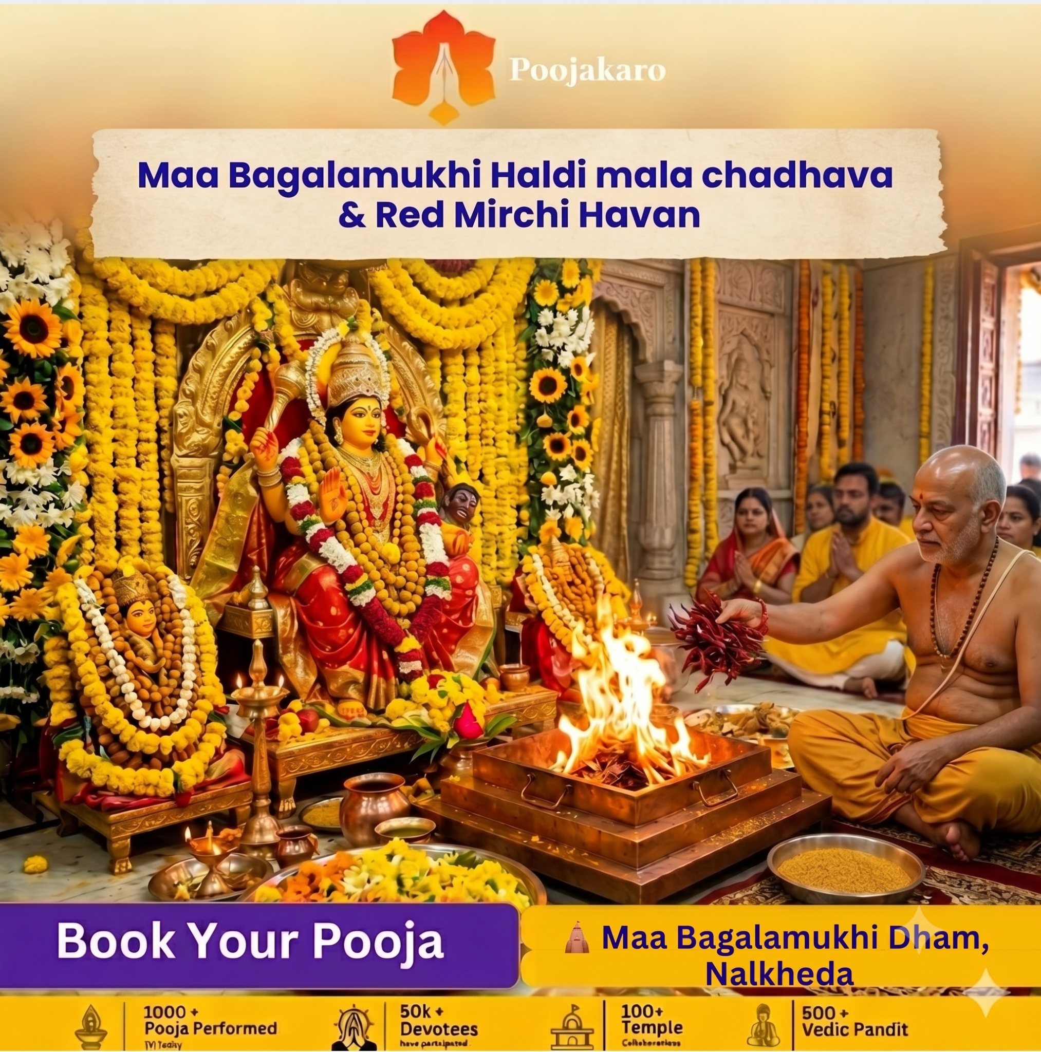 PoojaKaro App Facebook ad: 22 जून दुर्गाष्टमी विशेष - लाल मिर्ची हवन एवं हल्दी माला…