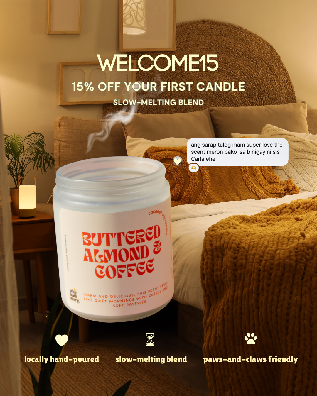 The After Bath Story Facebook ad: 15% Off Your First Hand-Poured Candle