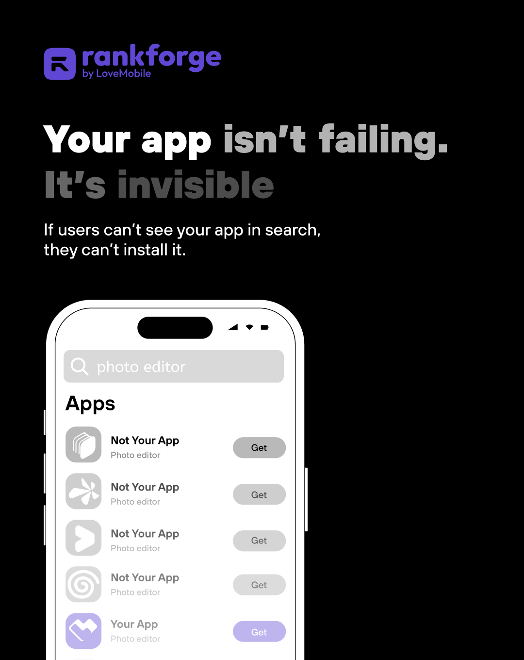 Rankforge Facebook ad: Your app isn't failing.