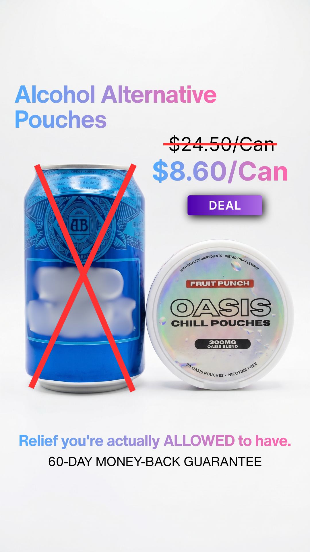 Oasis Pouches Facebook ad: 0% Alcohol. 100% Real Buzz.