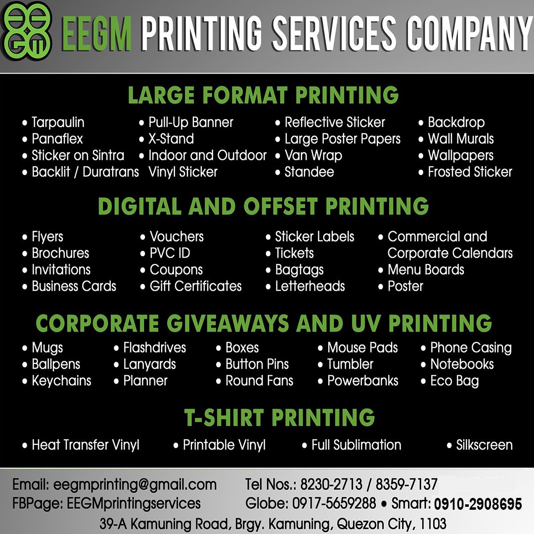 EEGM Printing Services Co. Facebook ad: Contact us: 09102908695