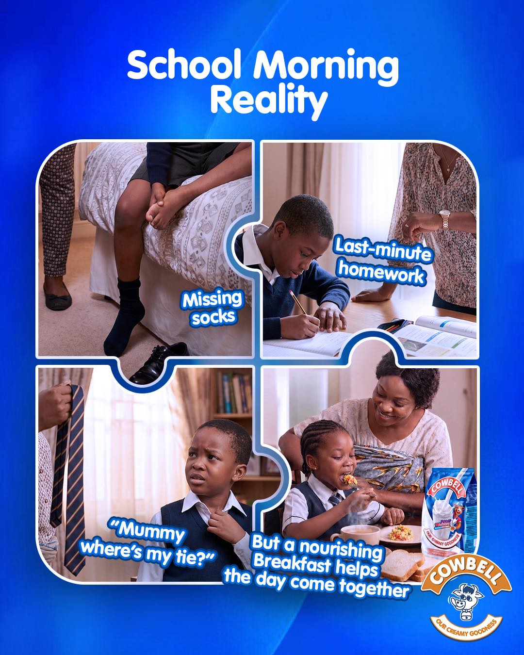 Cowbell Nigeria Facebook ad: School mornings come with their own little drama…