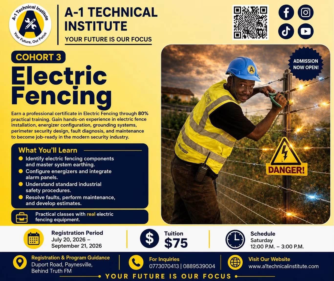 A-1 Technical Institute Facebook ad: For 75USD, learn electric fencing.