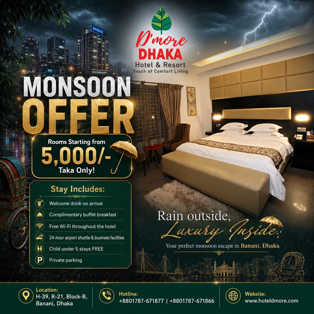 D'more Dhaka Hotel & Resort Facebook ad: A Cozy Monsoon Stay in the Heart of…