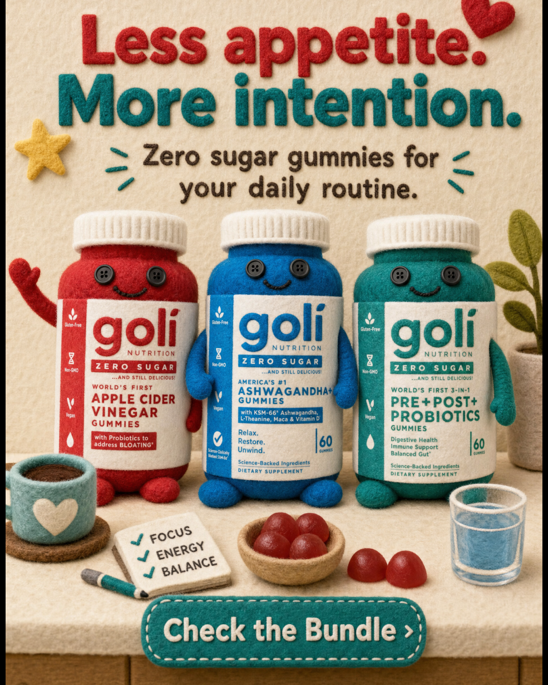 Goli Facebook ad: Digestion, Gut & Stress in Three Gummies