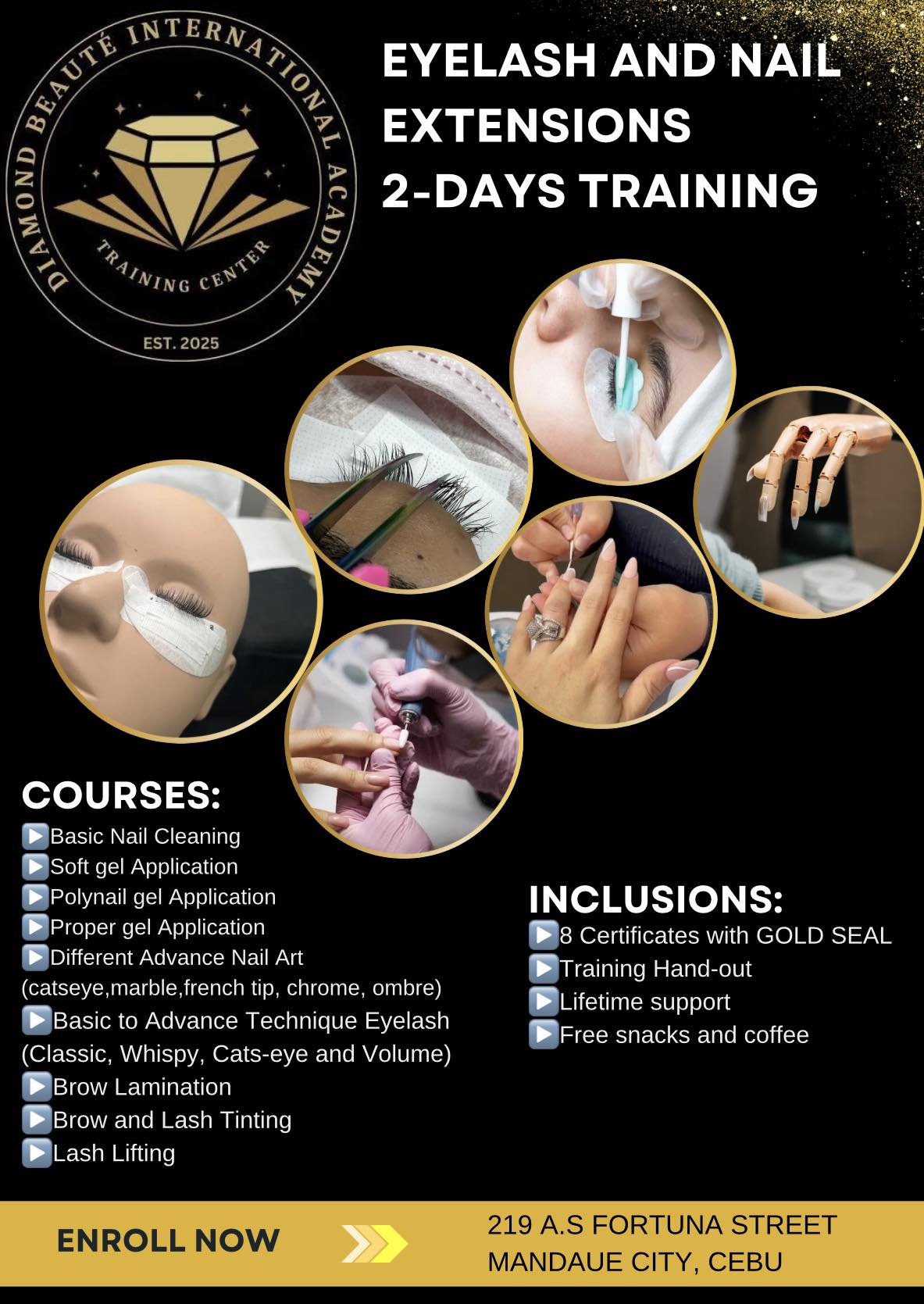 Diamond Beauté International Academia Facebook ad: CALLING ALL ASPIRING LASH ARTIST, NAIL ARTIST…