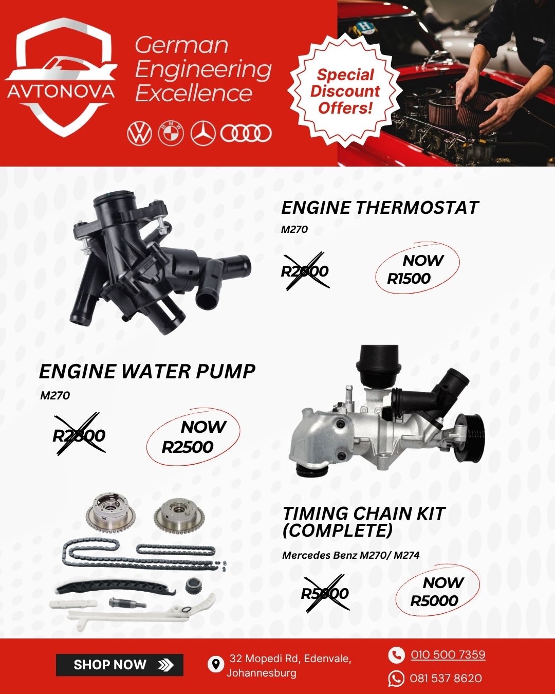 AvtoNova Facebook ad: Shop BMW, Audi, VW & Mercedes Parts
