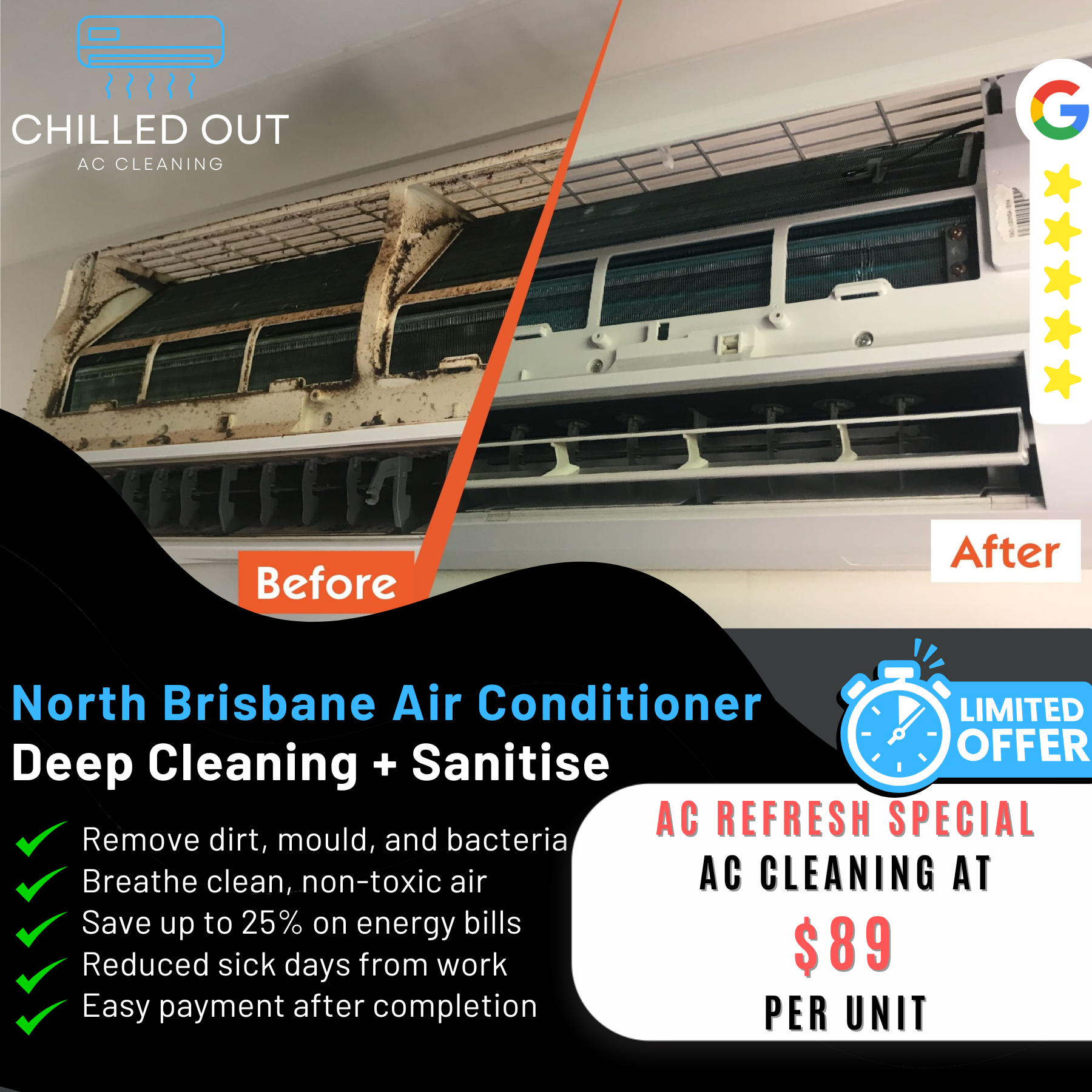 North Brisbane AC Cleaning - Chilled Out Facebook ad: $89 Full Deep Hydro Clean + Mould Removal
