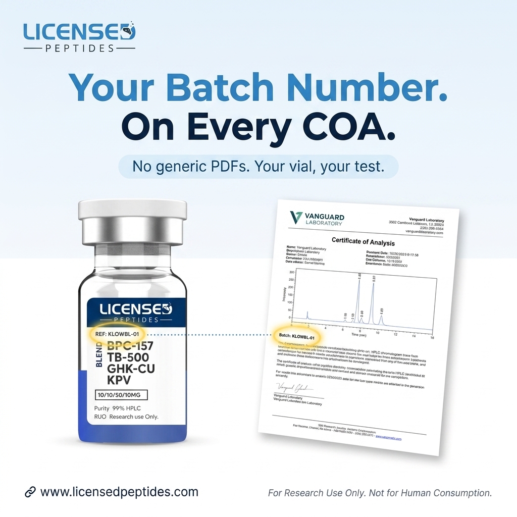 LicensedPeptides.com Facebook ad: Every Batch. 6X Tested. Publicly Verified.