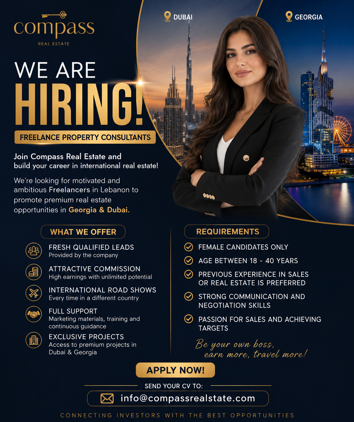 Compass Real Estate UAE Facebook ad: WE ARE HIRING | Freelance Property Consultants