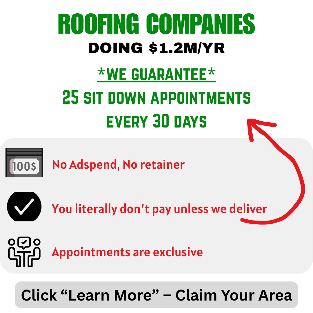 RooferStage Facebook ad: 25 sit downs or you don't pay - no adspend, no retainers