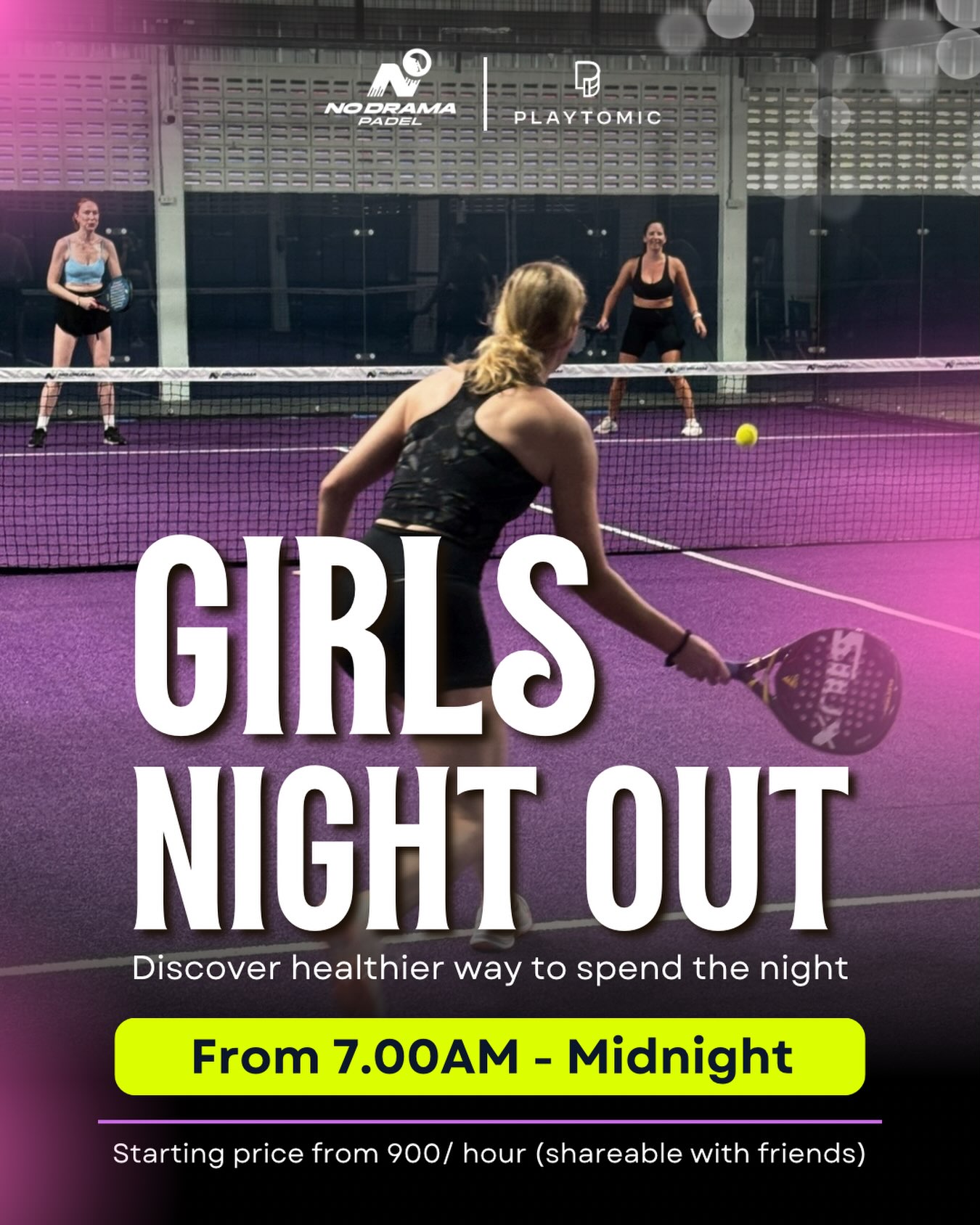 No Drama Padel Bangkok Facebook ad: Grab your besties, head down to Charoen Nakhon…