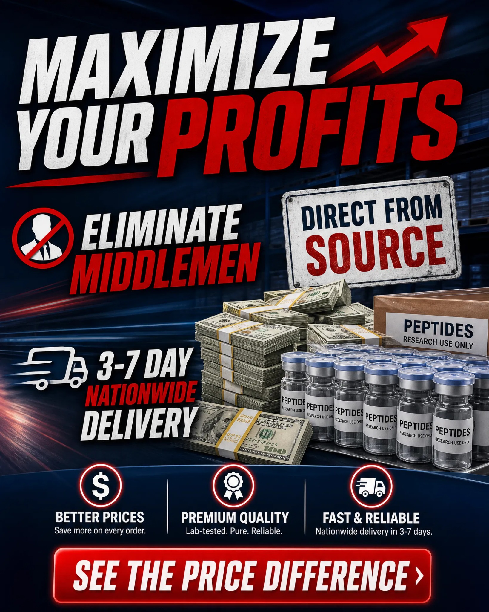 Prime Peptide Factory02 Facebook ad: US Source Peptides | 5-Day Delivery