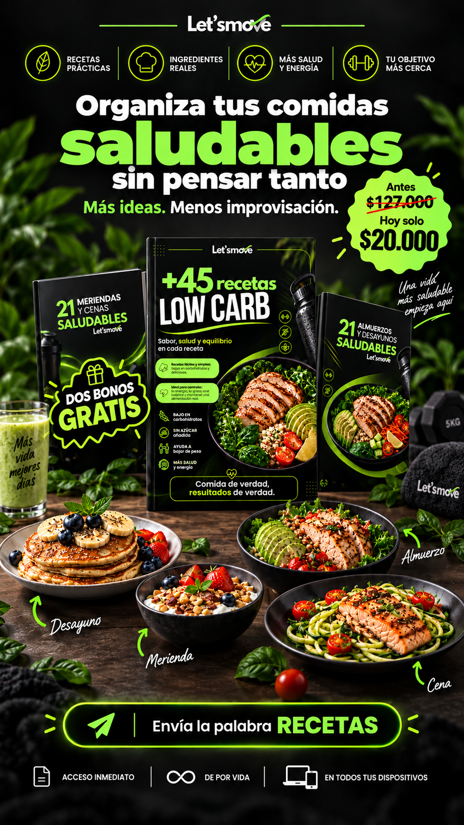 Letsmove Facebook ad: +45 Recetas Low Carb + 2 Bonos Gratis