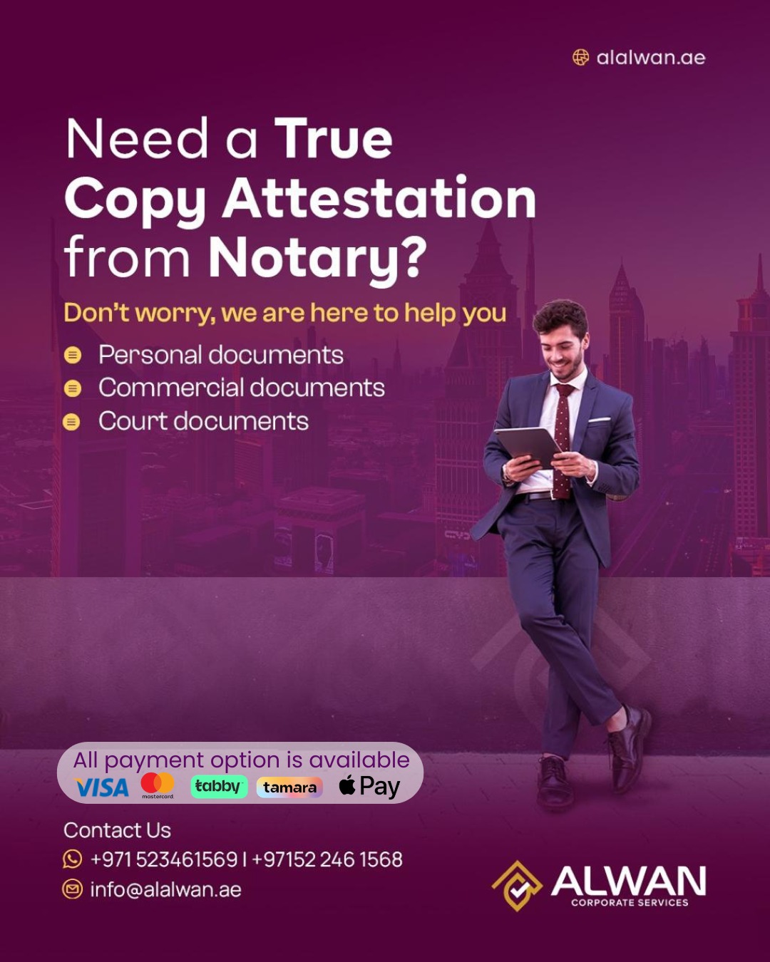 Alwan Corporate Services Facebook ad: Need Document Attestation in UAE?
