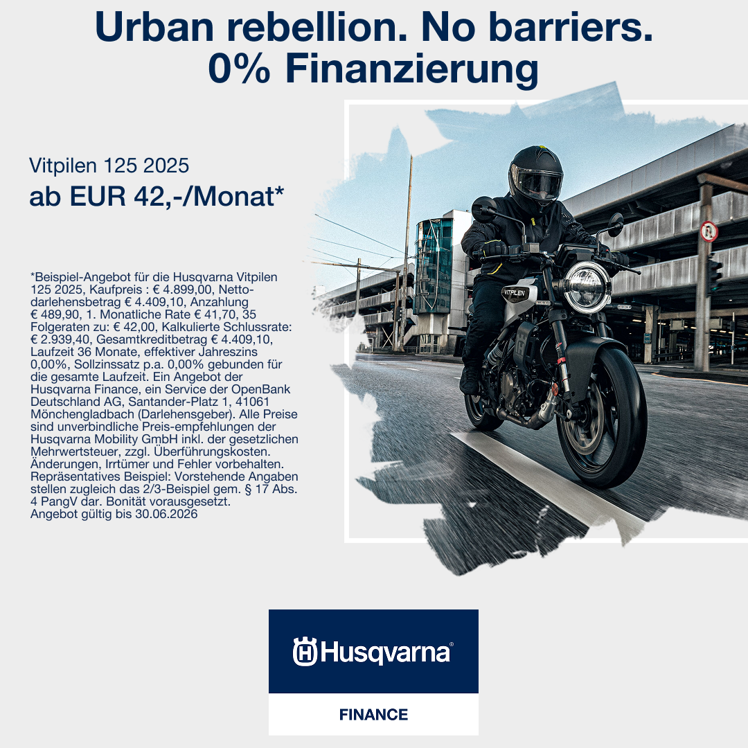 Husqvarna Motorcycles Facebook ad: Freiheit erfahren, schon ab 0 %* mit Husqvarna Finance
