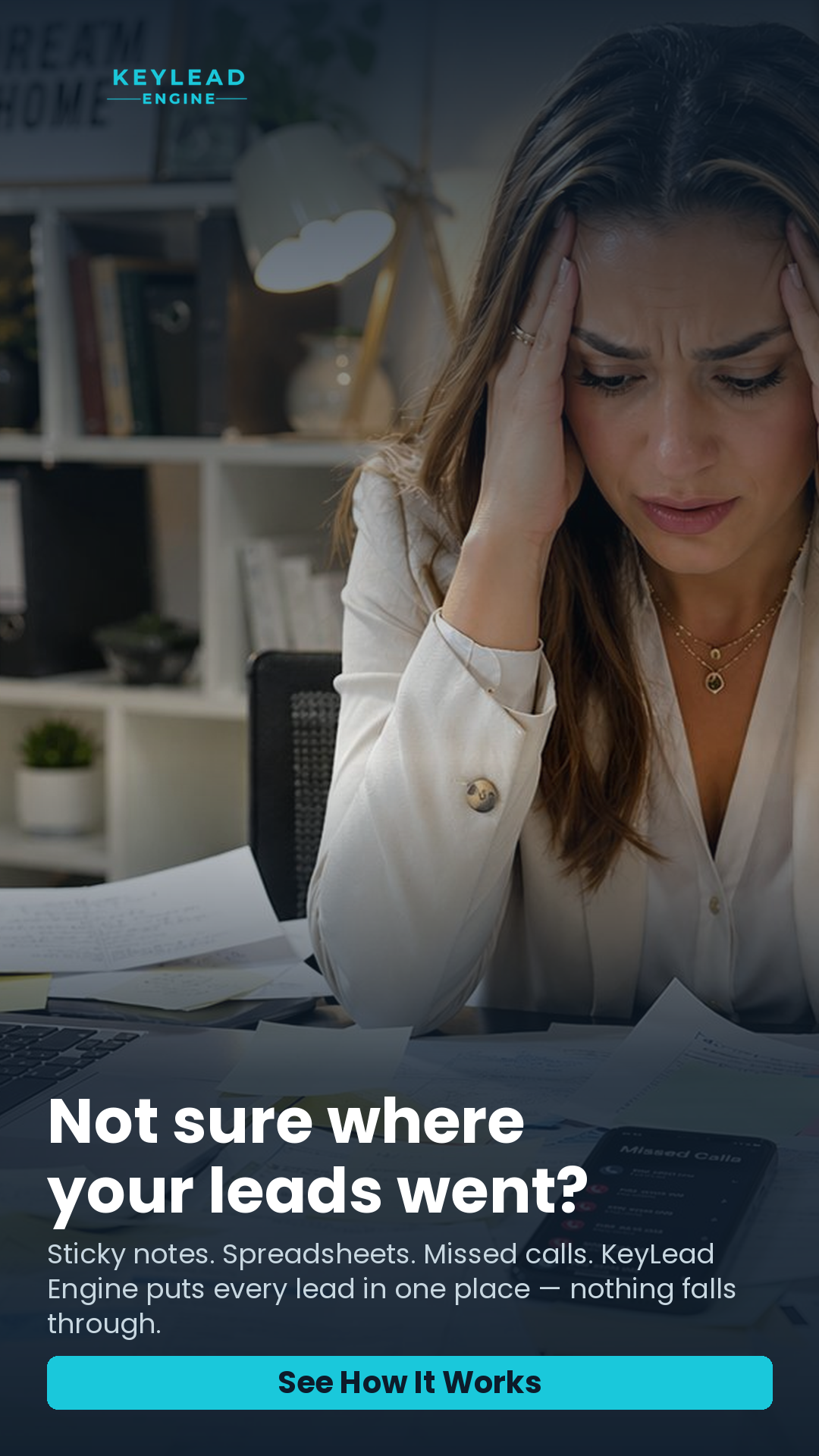 KeyLead Engine Facebook ad: Tired of losing track of leads?