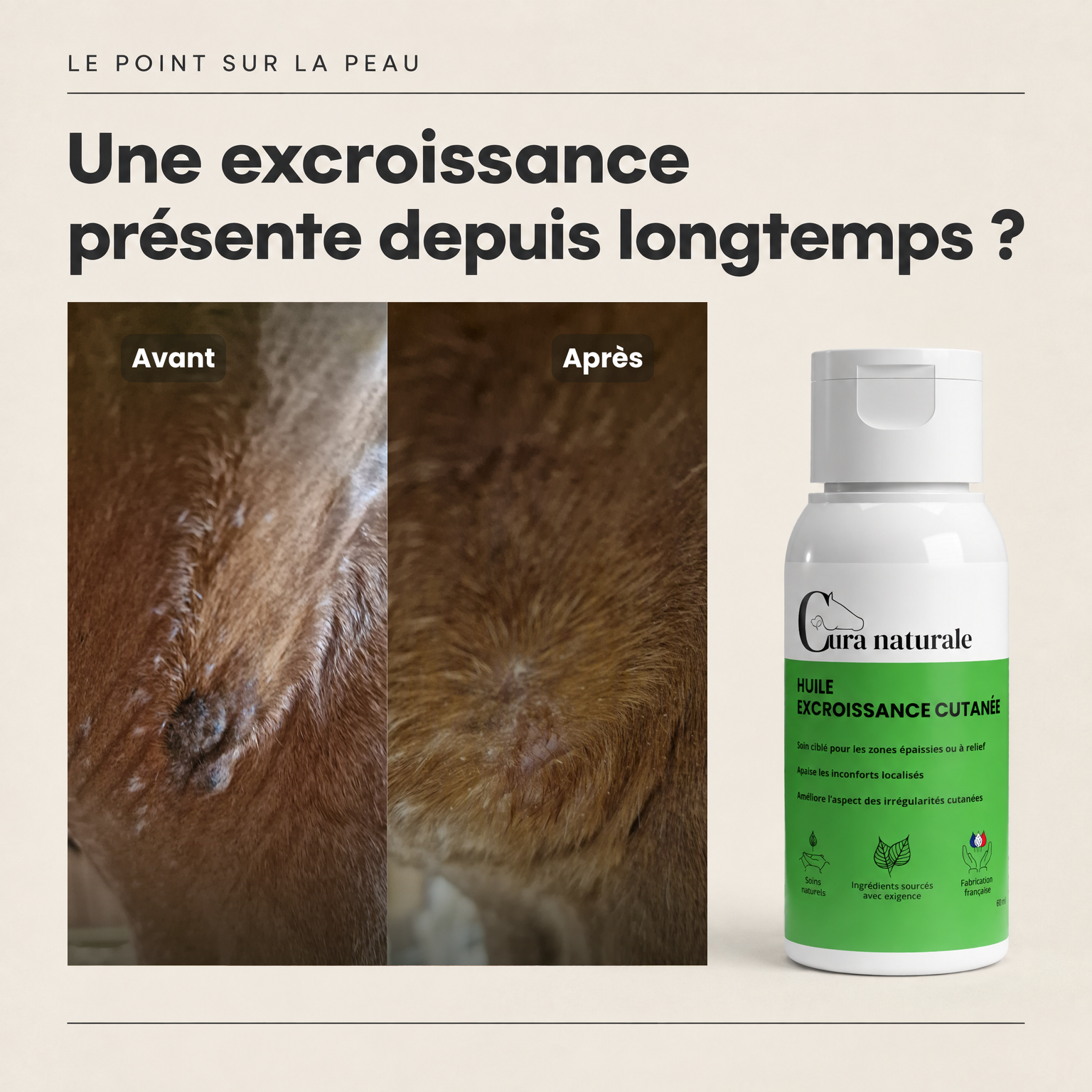 Cura naturale Facebook ad: Huile excroissance cutanée · Fabrication française