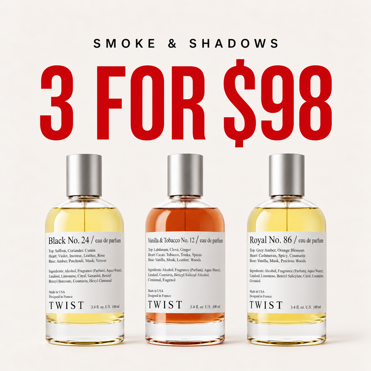 Twist Perfumes Facebook ad: 3 Bold Scents for $98