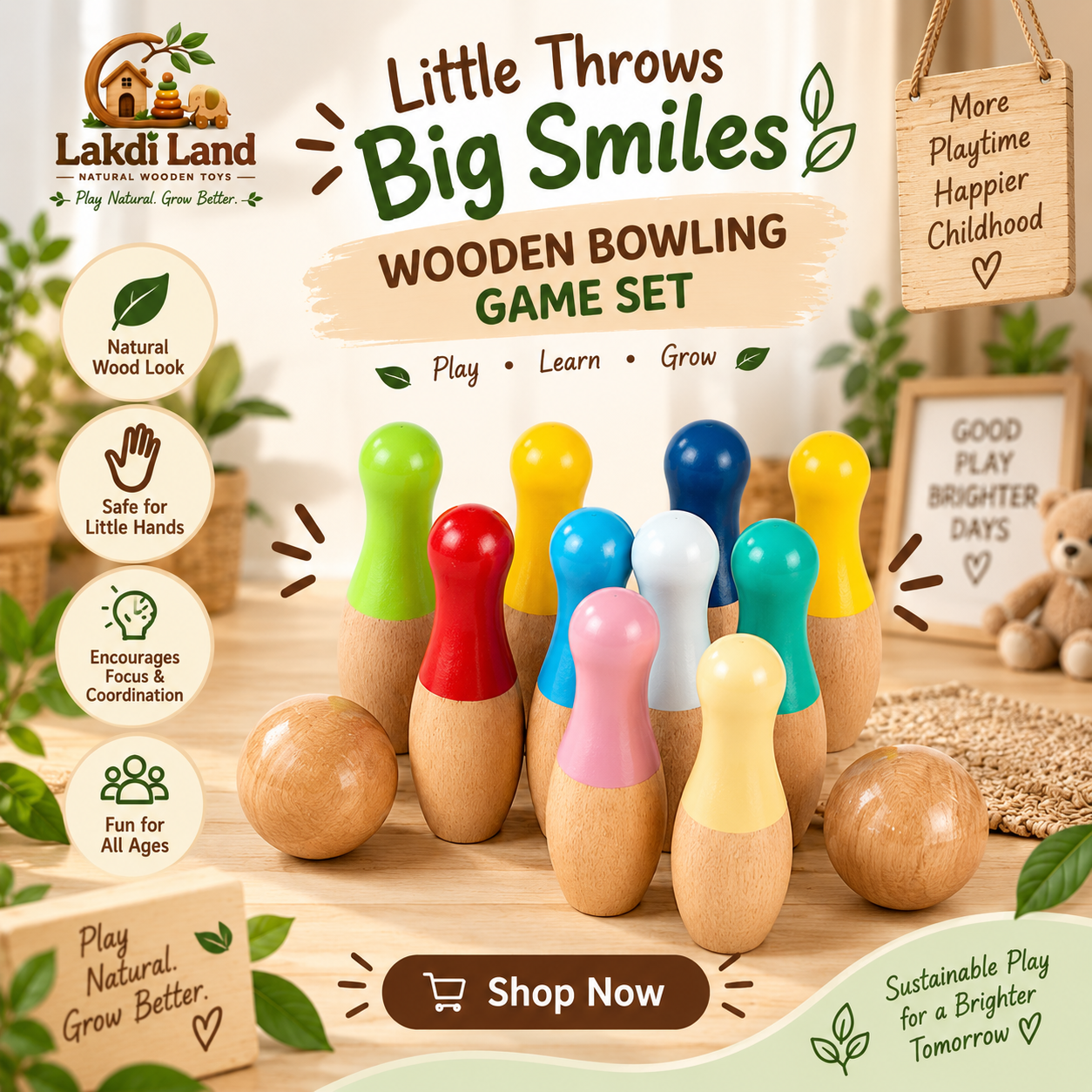 Lakdi land Facebook ad: Buy Wooden Bowling Game Set!