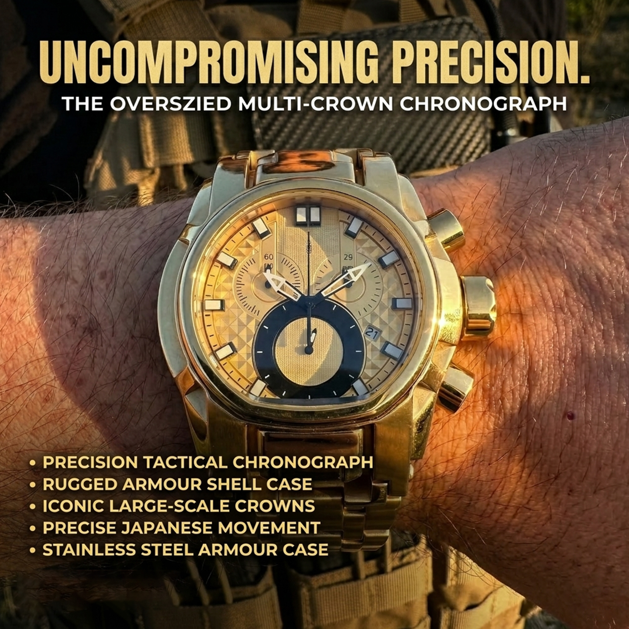 Zpapuff Facebook ad: Large dial compass sports watch - Gold+Black