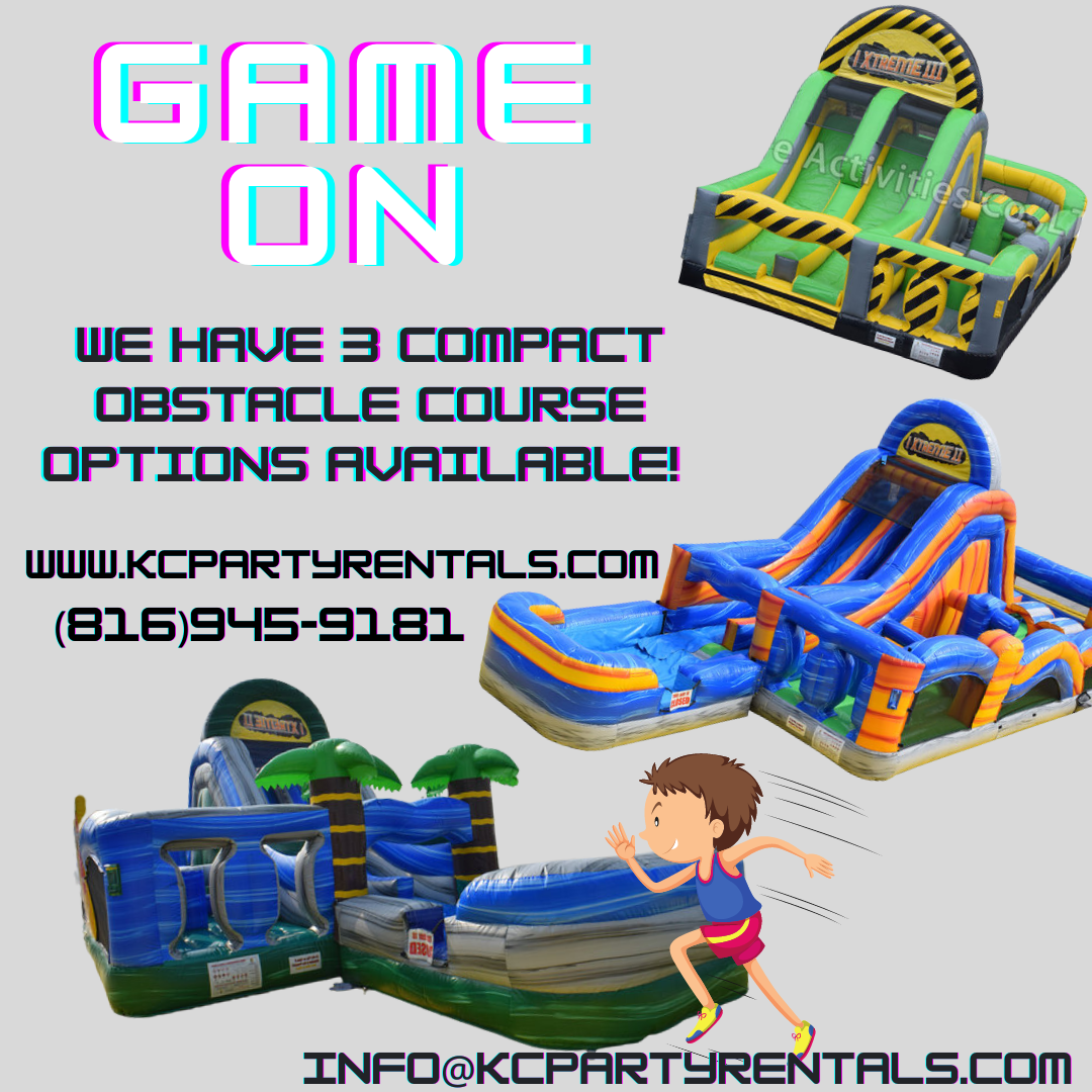 KC Party Rentals Facebook ad: Obstacle Courses that fit in your backyard!