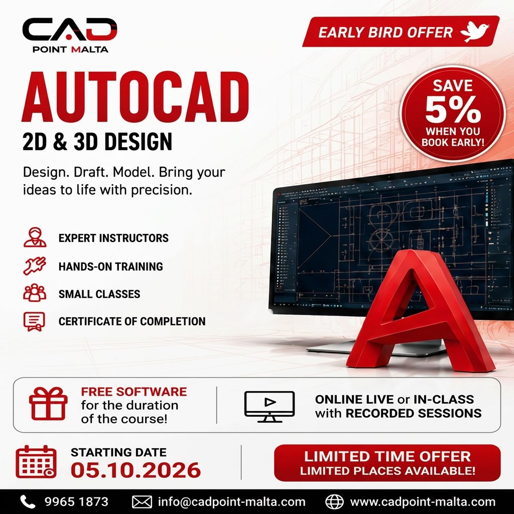 CAD Point Training Malta Facebook ad: EARLY BIRD OFFER, SAVE 5%!