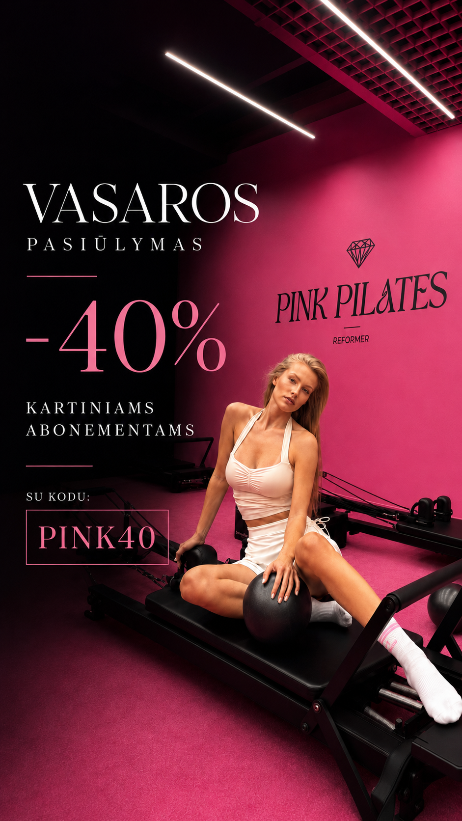Pink Pilates Facebook ad: Net 40% nuolaida