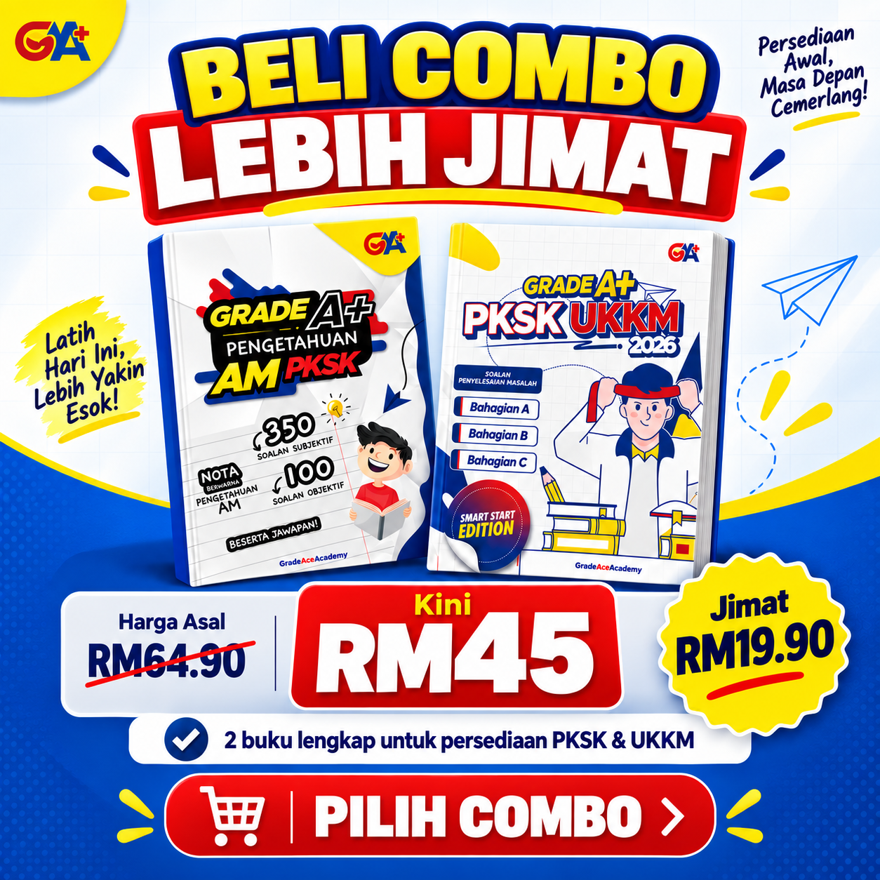 Grade Ace Academy Facebook ad: 2 Buku PKSK & UKKM Hanya RM45