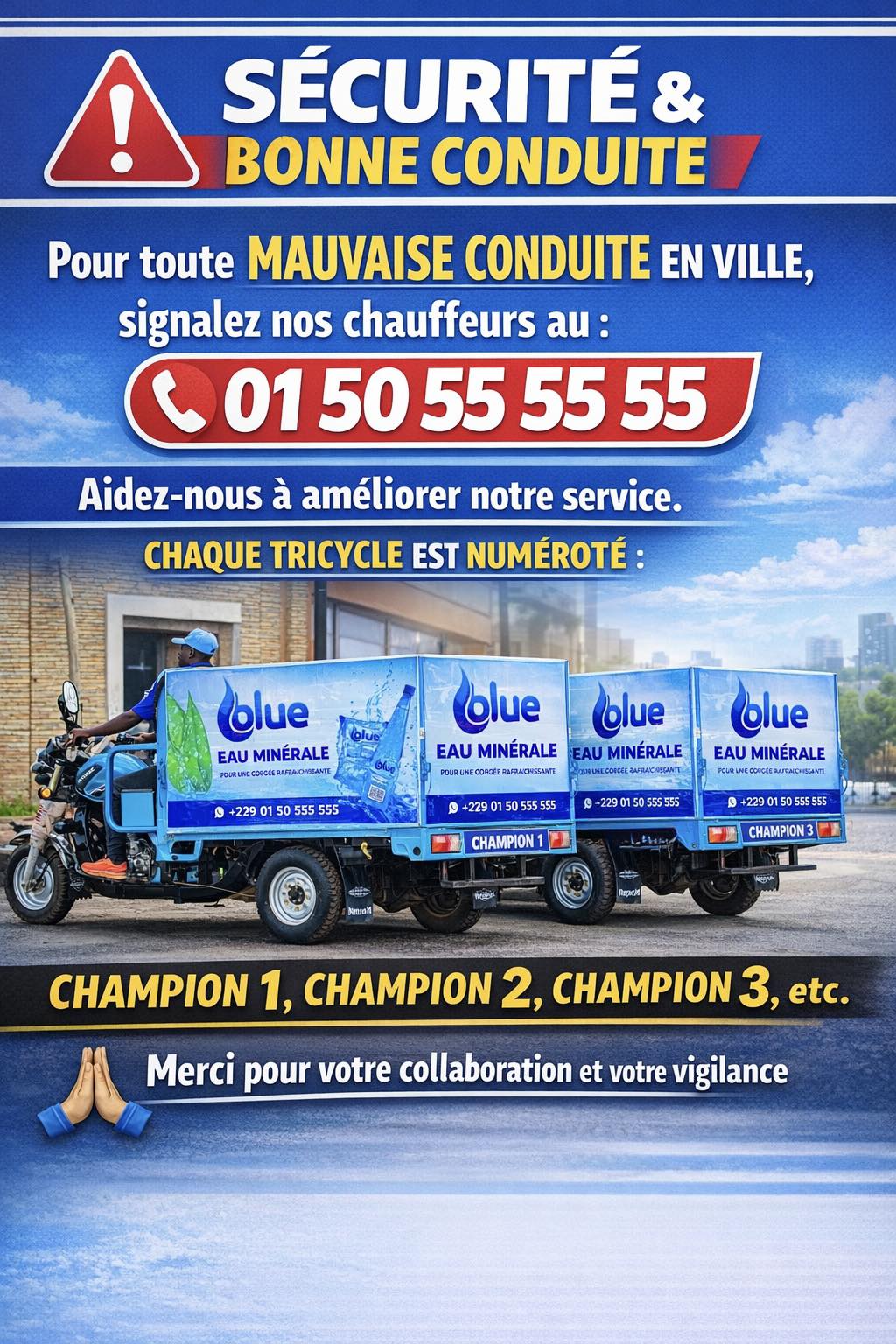 Blue, eau minérale. Facebook ad: Chez BLUE, la sécurité et le respect du…