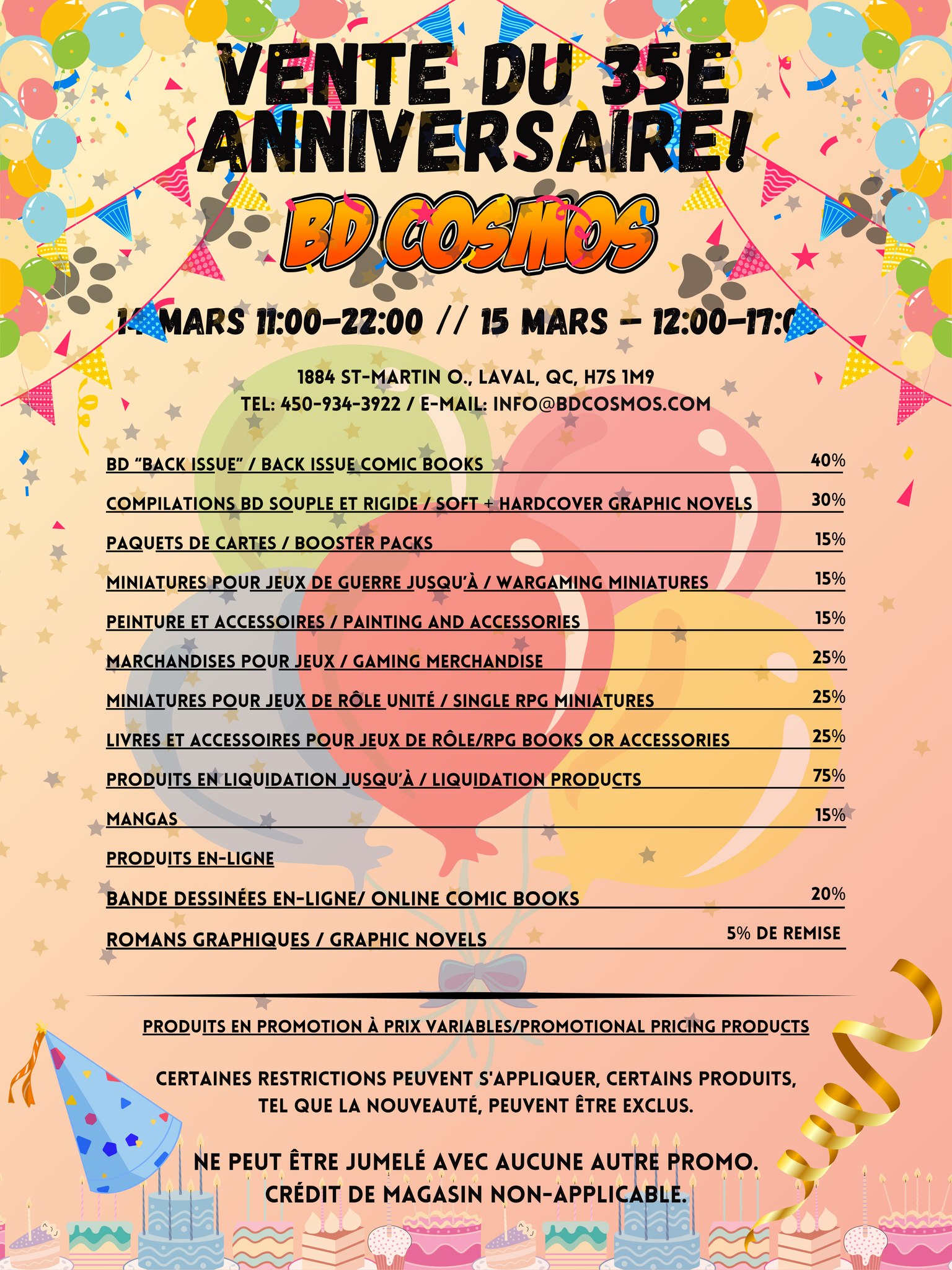BD Cosmos Facebook ad: VENTE 35E ANNIVERSAIRE DU BD COSMOS! 35TH ANNIVERSARY SALE!