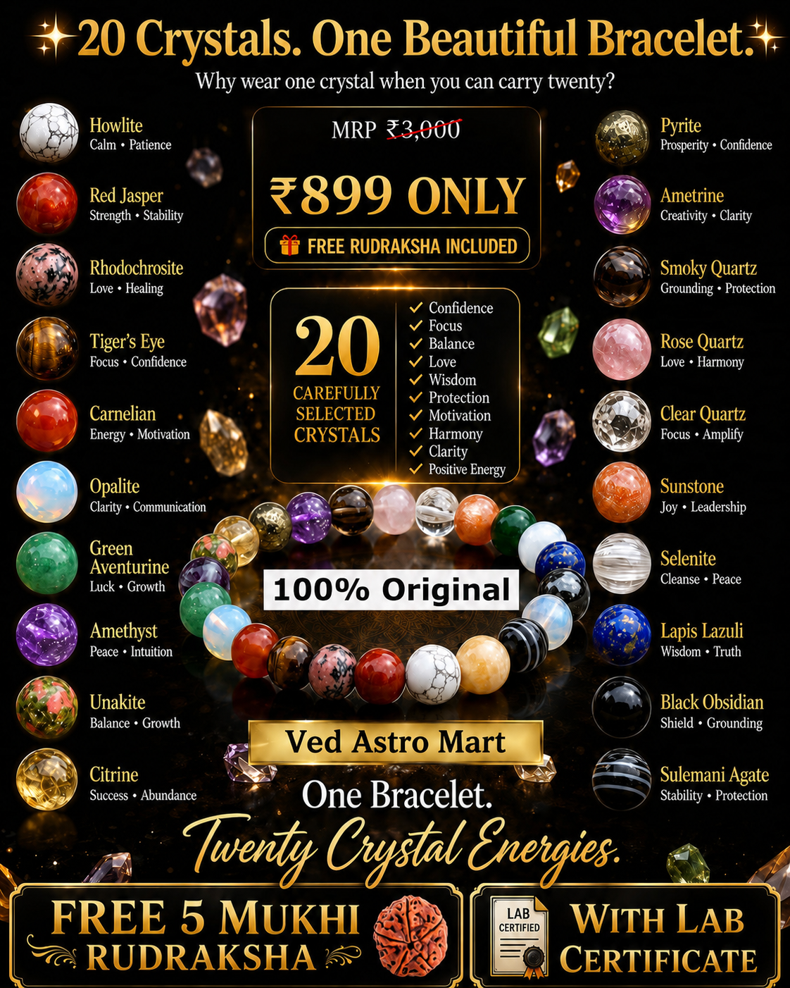 VedAstro Mart Facebook ad: Get our bestselling 20 Crystal Energy Collection Bracelet…