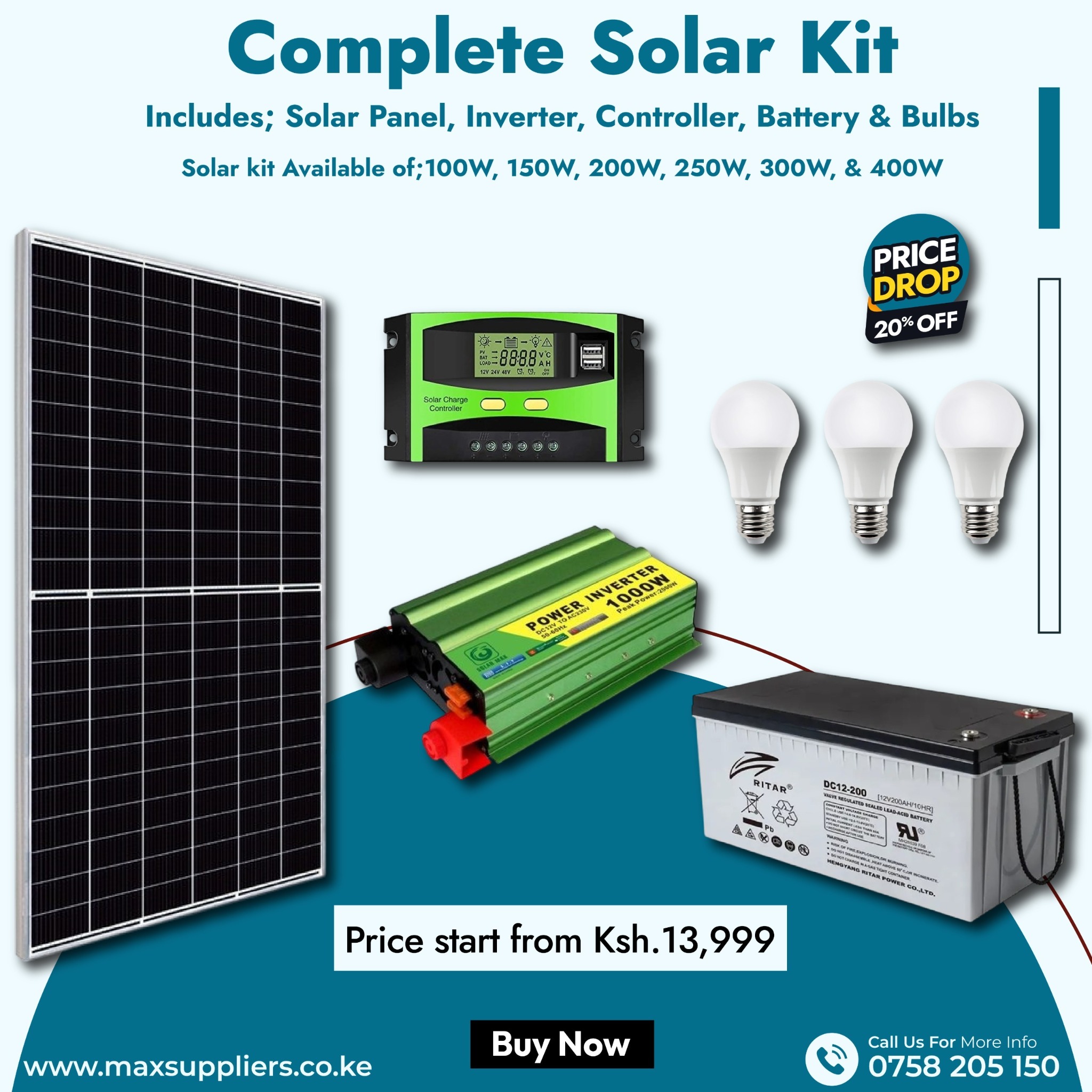 Max Suppliers Facebook ad: COMPLETE SOLAR KIT from Ksh. 13,999