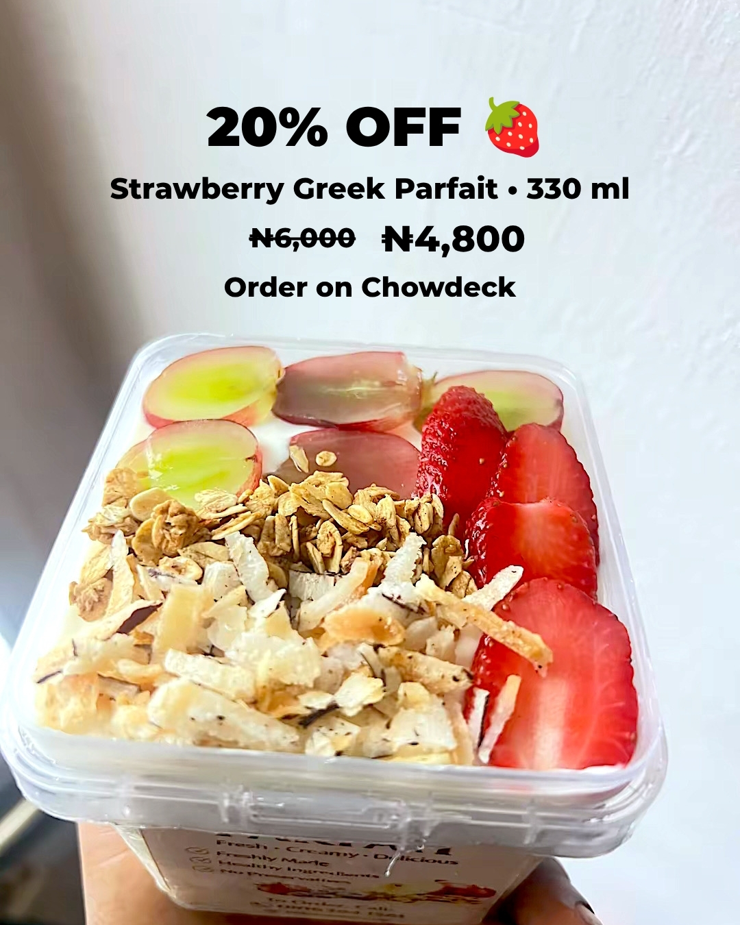 Velora Treats Facebook ad: Strawberry, Greek yoghurt, fresh fruit, granola and coconut…
